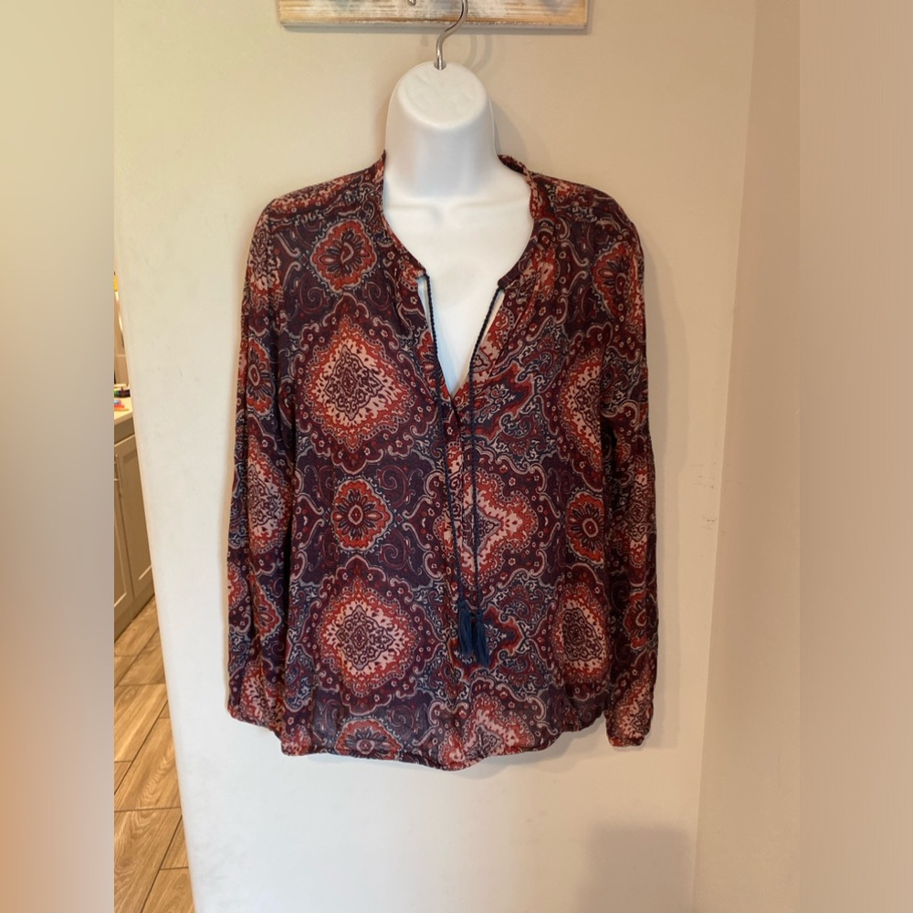 Lucky Brand Long Sleeve Split Neck Boho Peasant Blouse top pullover